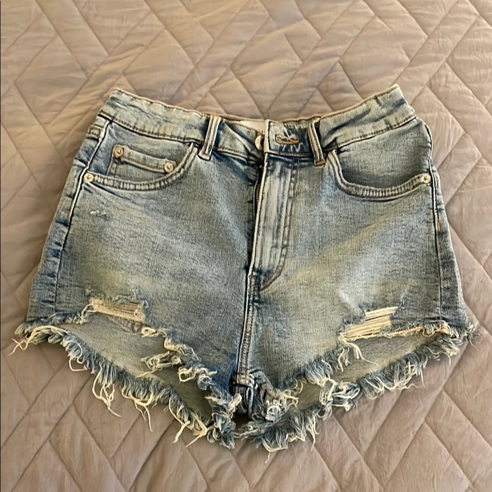 Zara Light Blue Frayed Jean Shorts